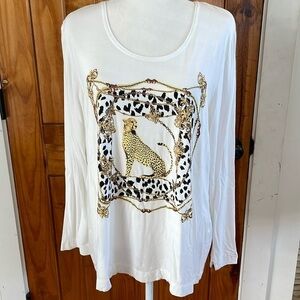 Chico’s Touch of Cool Leopard Scarf Print Tee White Long Sleeve Top 3 / XL